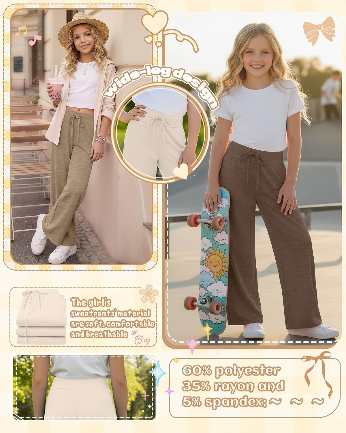 3 Pack Girl's Pants Causal Wide Leg Yoga Trousers Kids Elastic Waist Lightweight Sweatpants Summer Joggers 5-14 Y