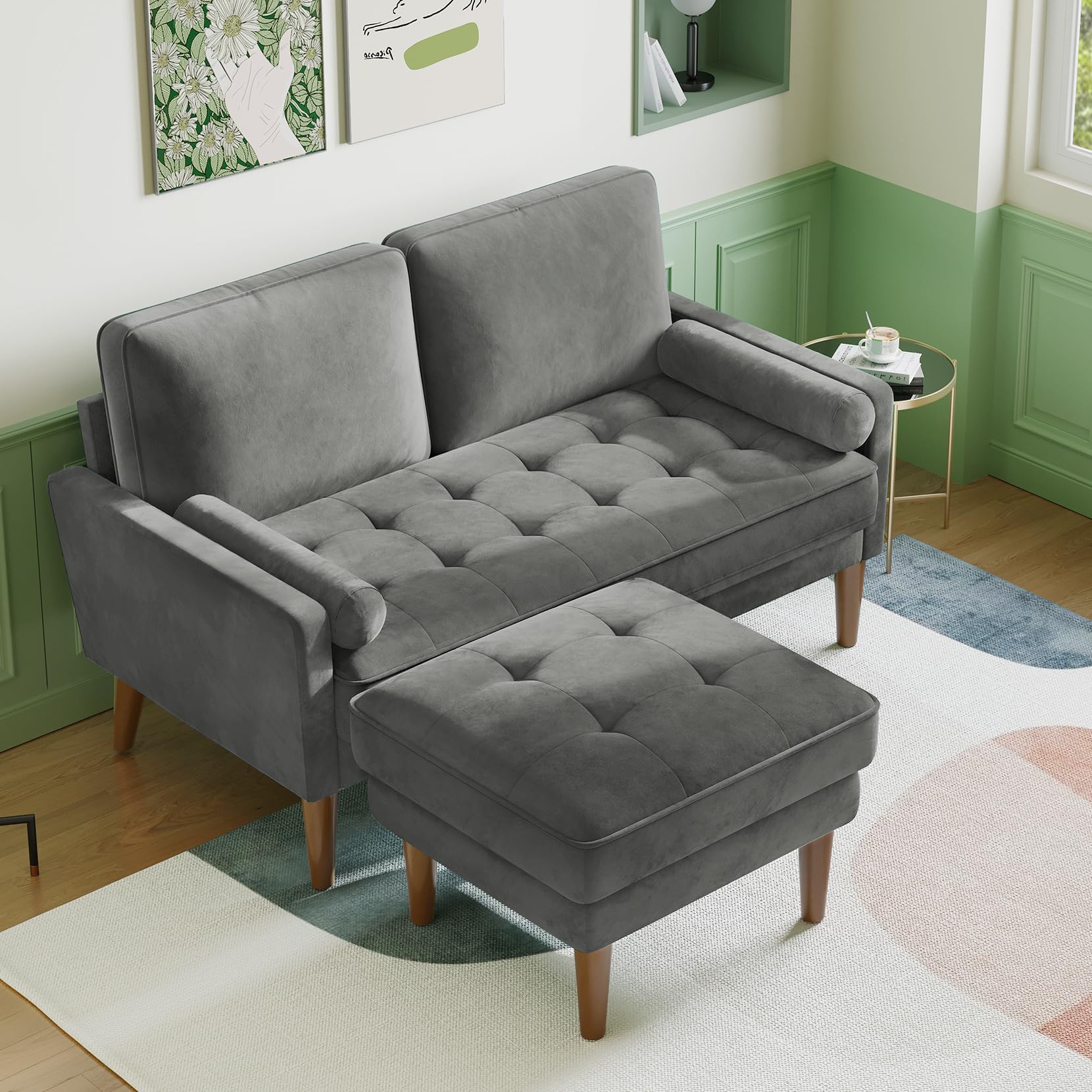 Vesgantti Small 2 Seater Sofa with Ottoman, Comfy Couch with Spring Cushion, Velvet Sofa with Wood Legs, Modern Love Seat Sofa 2 Seater for Living Room, Small Couch for Bedroom, Grey Office Couch