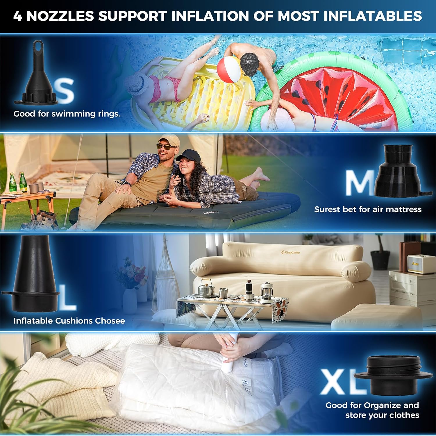 KingCamp Air Pump for Inflatables, Portable Quick-Fill Inflator/Deflator Air Mattress Pump Electric Air Pump with 4 Nozzles for Outdoor Camping Mat & Sleeping Pad