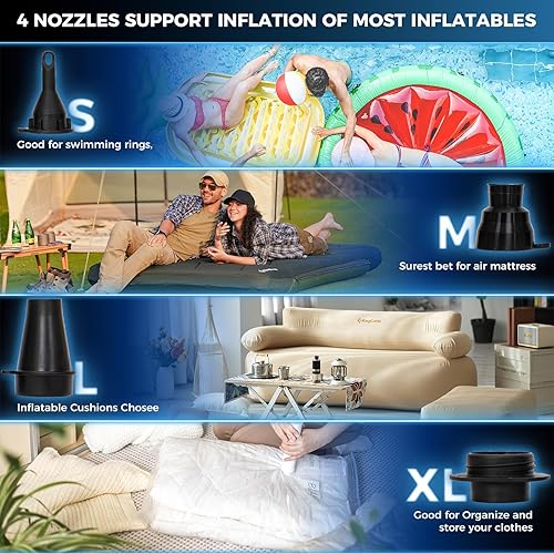 Miniatura 3 de KingCamp Bomba de aire para inflables, infladordeflector portátil de llenado rápido, bomba de aire eléctrica con 4 boquillas para colchoneta de
