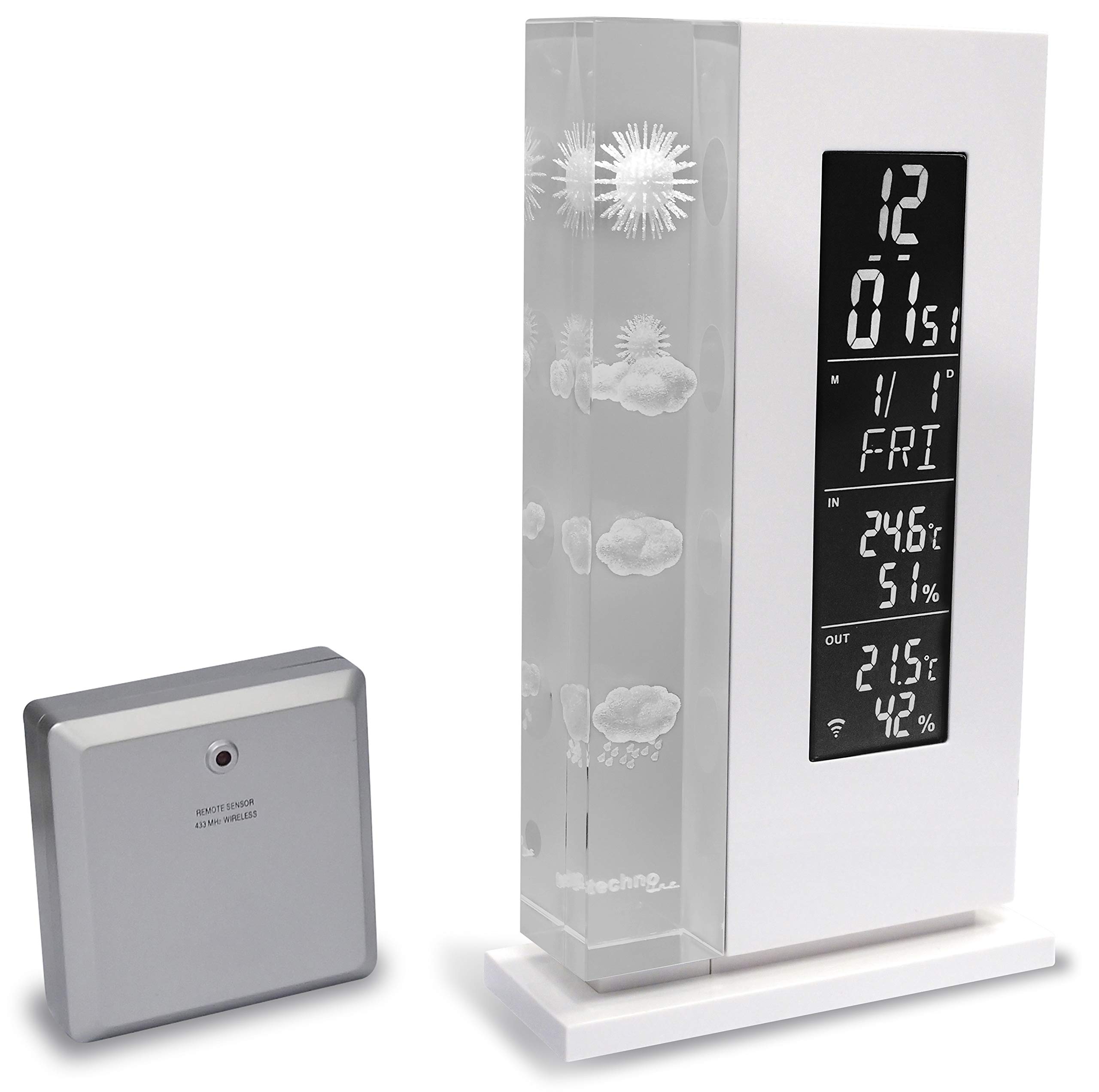 Wetterstation WS 6600 mit Vorhersage von Wettersituation durch in Glas gelaserte 3D-Wettersymbole