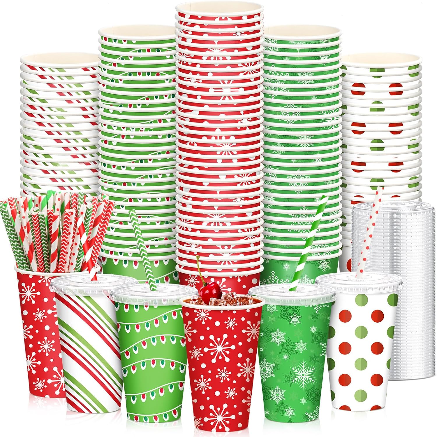 Tessco 150 Pieces/50 Sets Christmas Coffee Cups with Lids and Straws Hot Cup 16oz
