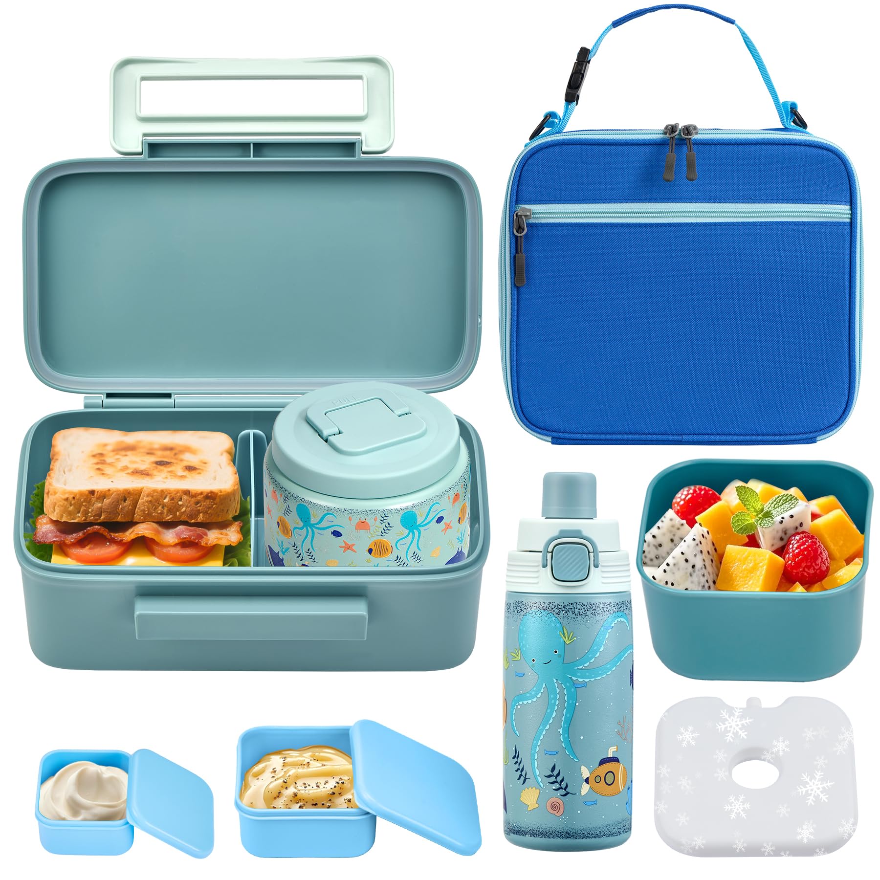 View 1 of [HEAVILY USED] PIQUEBAR Kids Lunch Box Set with Thermo, Bento Box, Water Bottle, Lunch Bag