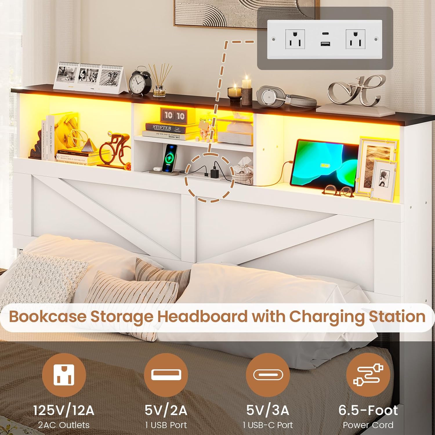 VIAGDO Farmhouse Bed Frame Full Size with Bookcase Storage Headboard, Charging Station and LED Lights, Wooden Full Bed Frame with 4 Drawers, Barn Door Design, No Box Spring Needed, No Noise, White