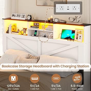 VIAGDO Farmhouse Bed Frame Full Size with Bookcase Storage Headboard, Charging Station and LED Lights, Wooden Full Bed Frame with 4 Drawers, Barn Door Design, No Box Spring Needed, No Noise, White