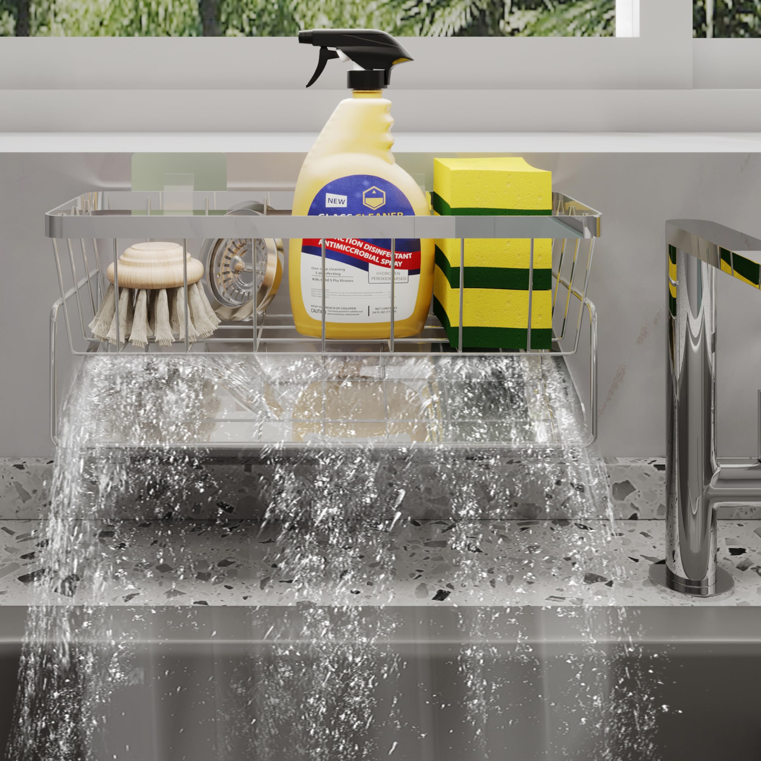 Adhesive Hanging Sponge Holder Kitchen Sink Caddy Organizer Kitchen Essentials-Self Drain Sponge Rack Soap Dispenser Storage Rustproof Stainless