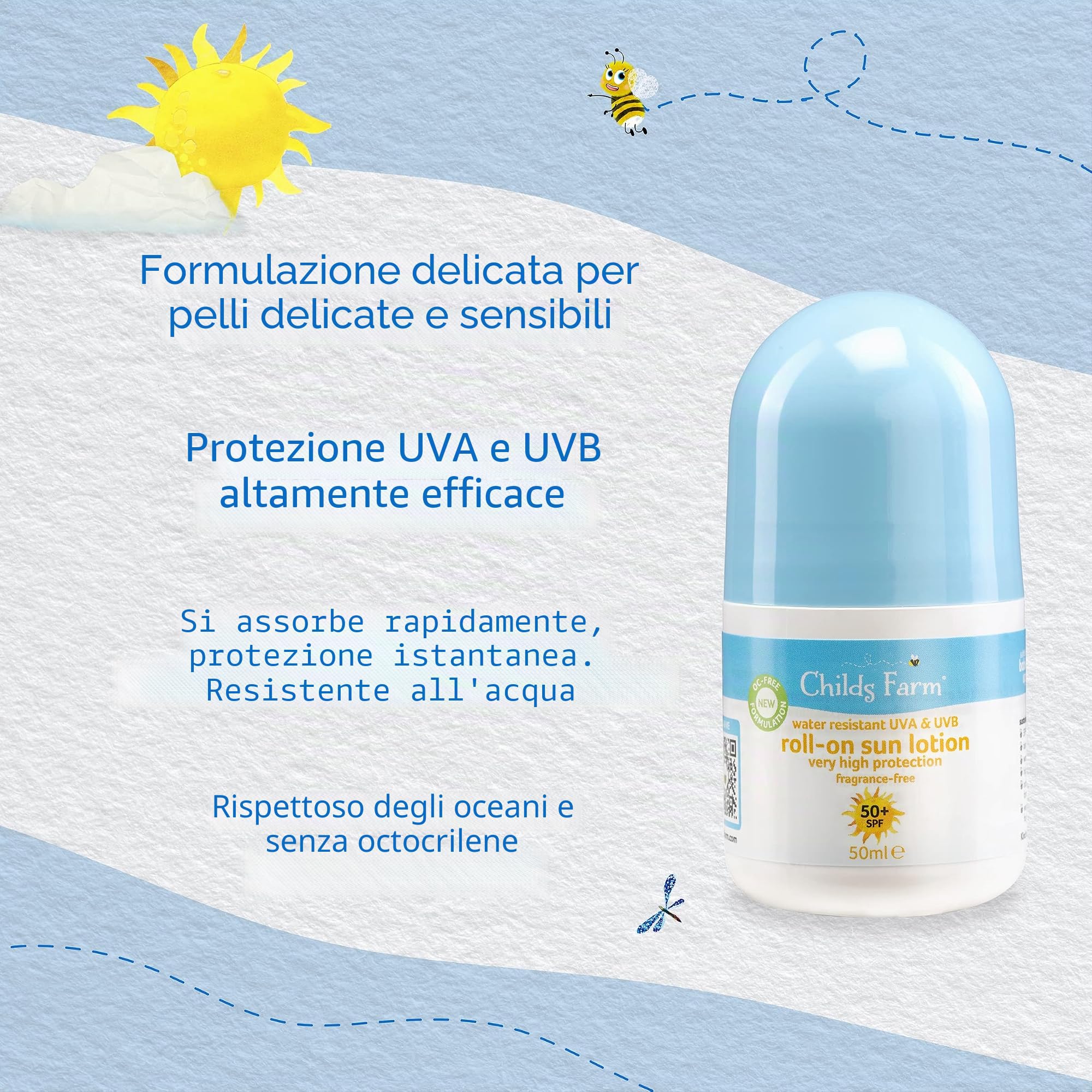 Childs Farm Lozione solare per bambini e neonati roll-on SPF 50plus Resistente all'acqua UVA e UVB Protezione molto elevata Adatto per pelli secche, sensibili e soggette a eczema 50 ml, Bianco, 1, 85,