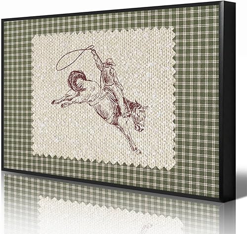 nghtuiyocw Lienzo decorativo de vaquero occidental para pared, póster estético de rodeo de vaquero a cuadros verdes, impresión vintage de caballo