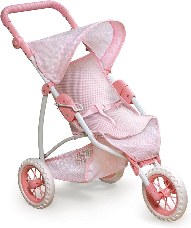 Foldable Jogging Style Doll Stroller - Adjustable Handle, Canopy, Straps & Basket - Fits 18-22" Dolls, Lightweight Toy for Girls Ages 3+ - Pink Gingham Design