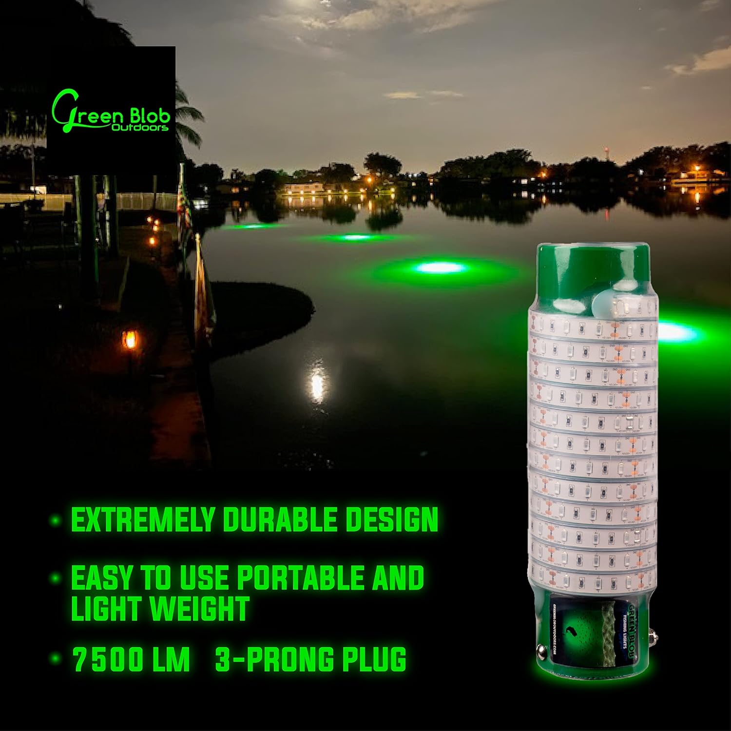 Green Blob Outdoors Green Underwater Fishing Attracting Light 7500 Lumens 12V for Boats 30ft Cord Alligator Clips & Cig Lighter QD Adapters LED Fish Attractor Snook Crappie Bass Catfish Made in Texas