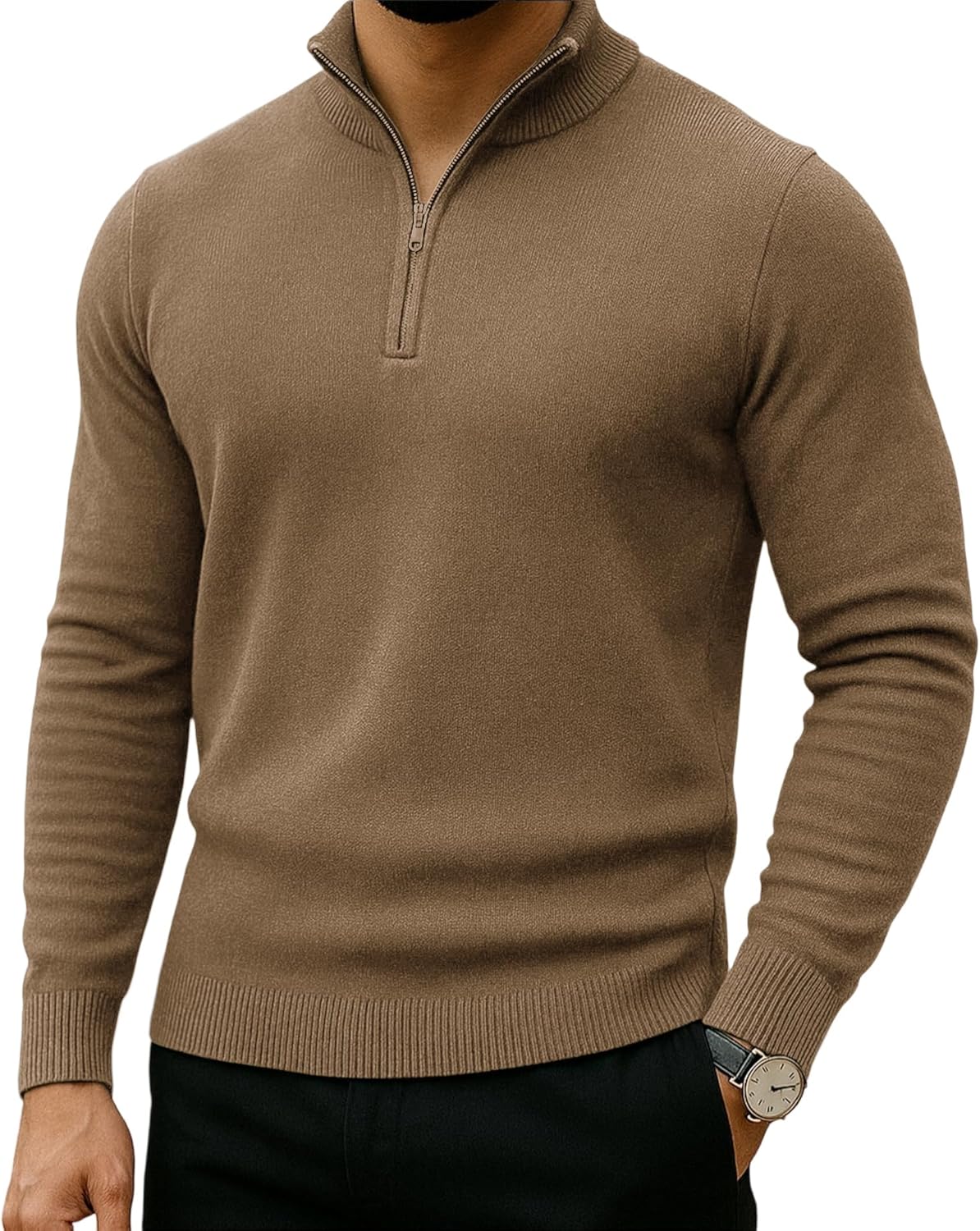 Lexiart Men's Quarter Zip Sweater Casual Mock Neck Pullover Ribbed Knit Polo Sweater