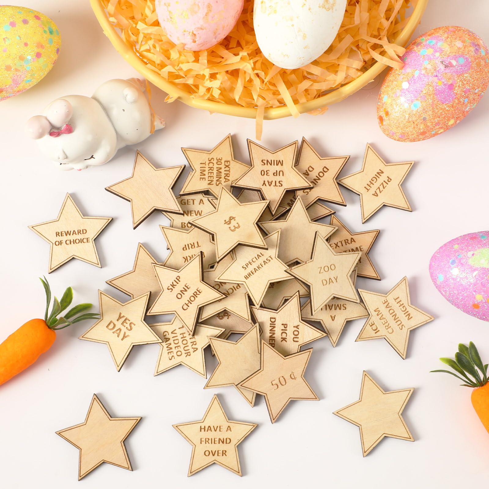 CypherX Easter Egg Fillers- Wood Easter Reward Tokens, Easter Prizes Stuffers Coins, Family Night Tokens, 24 Redeemable Tokens+6 Blank DIY Tokens, Unique Family Easter Egg Hunt Activities- Star