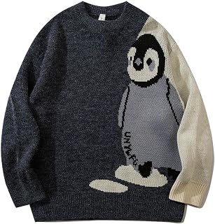 Men's Cartoon Penguin Knitted Sweater Street Harajuku Retro Sweater Pullover Women's Autumn Cotton College Sweater Unisex-Black-L