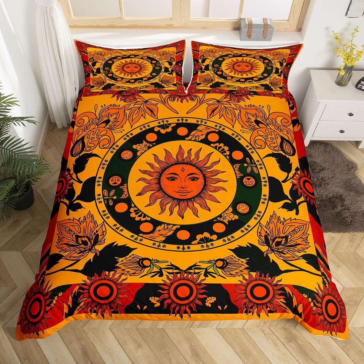 Feelyou Sun Bedding Set Vintage Flowers Comforter Cover Set for Kids Teens Botanical Floral Duvet Cover Natural Leaf Pattern Orange Black Bedspread Cover Room Decor 3Pcs with 2 Pillow Case Full Size