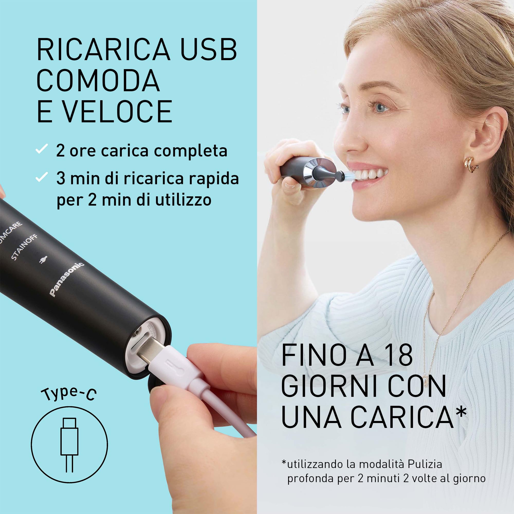 Panasonic EW-DC75 Spazzolino Sonico, Doppia Tecnologia Sonica, Nero | 5 Modalità, Testine Ultra-Fini, Ricarica Rapida USB-C, Custodia da Viaggio