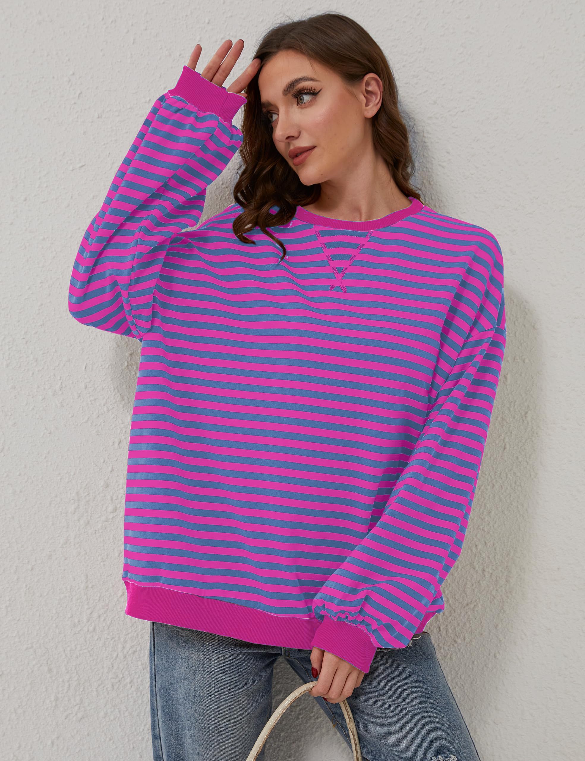 Chicrise Sudadera para mujer de gran tamaño, a rayas, bloque de color, manga larga, de punto, cuello redondo, parte superior suelta