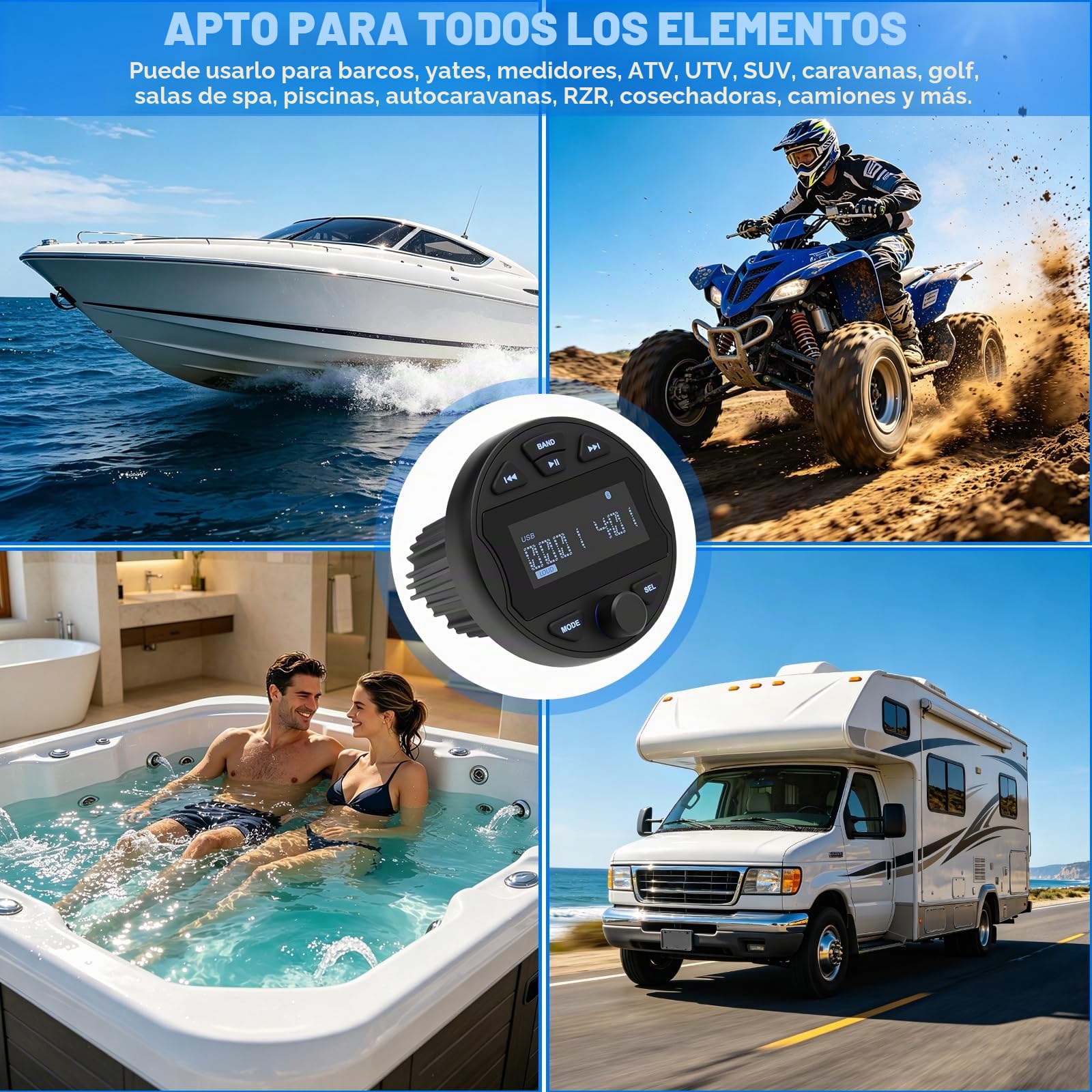 Receptor de Estéreo Marino MP3 con Función de Radio Digital Am/FM, USB, BT y Resistencia al Agua IPX6, Ideal para Barcos, Lancha y Uso Profesional | Digital Am/FM, USB, BT y Resistencia al Agua IPX6, Ideal para Barcos, Lancha y Uso Profesional