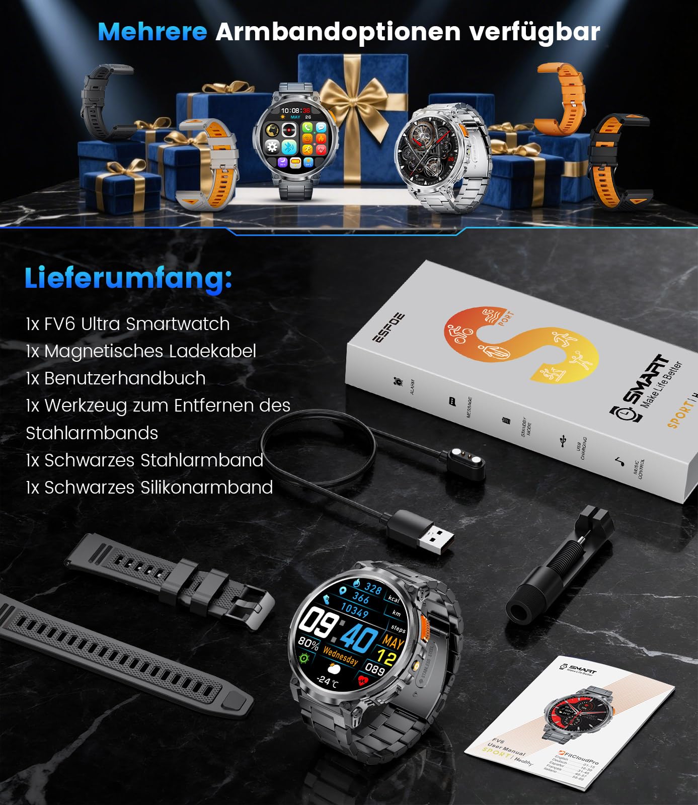 ESFOE Reloj Inteligente Hombre Militar con 1000mAh/LED Linterna,1.85” Grandes Smartwatch Hombre Llamadas,5 ATM Impermeable/130+ Modos Deportivos/Pulsómetro,Pulsera Actividad Android iOS Carbón Mate