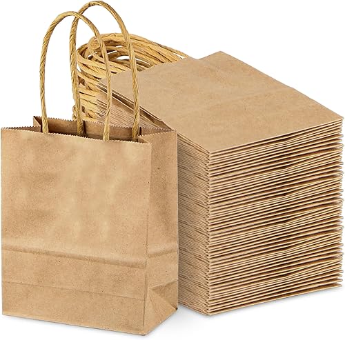 SPERPAND 50 bolsas de papel kraft tamaño mini  6.5 pulgadas pequeñas bolsas de regalo de papel marrón con asas, bolsas de recuerdo de fiesta para