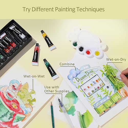 Miniatura 8 de Colorful Juego de pintura de acuarela para niños, tubos de pintura de acuarela de 12 colores con 6 pinceles, 1 paleta, fácil de mezclar para