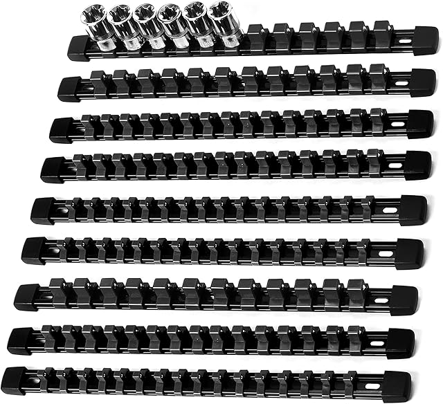 Reniteco Socket Organizer Drive ABS Tools - Black Socket Holder, Premium Quality 9 Pieces Socket Holders Kit 1/4-Inch x 48 Clips, 3/8-Inch x 45 Clips, 1/2-Inch x 36 Clips9PC,Black)