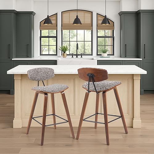 Miniatura 16 de Armen Living Fox - Taburete de bar moderno de mediados de siglo de piel sintética color crema y madera de nogal de 25.5 pulgadas Piel sintética