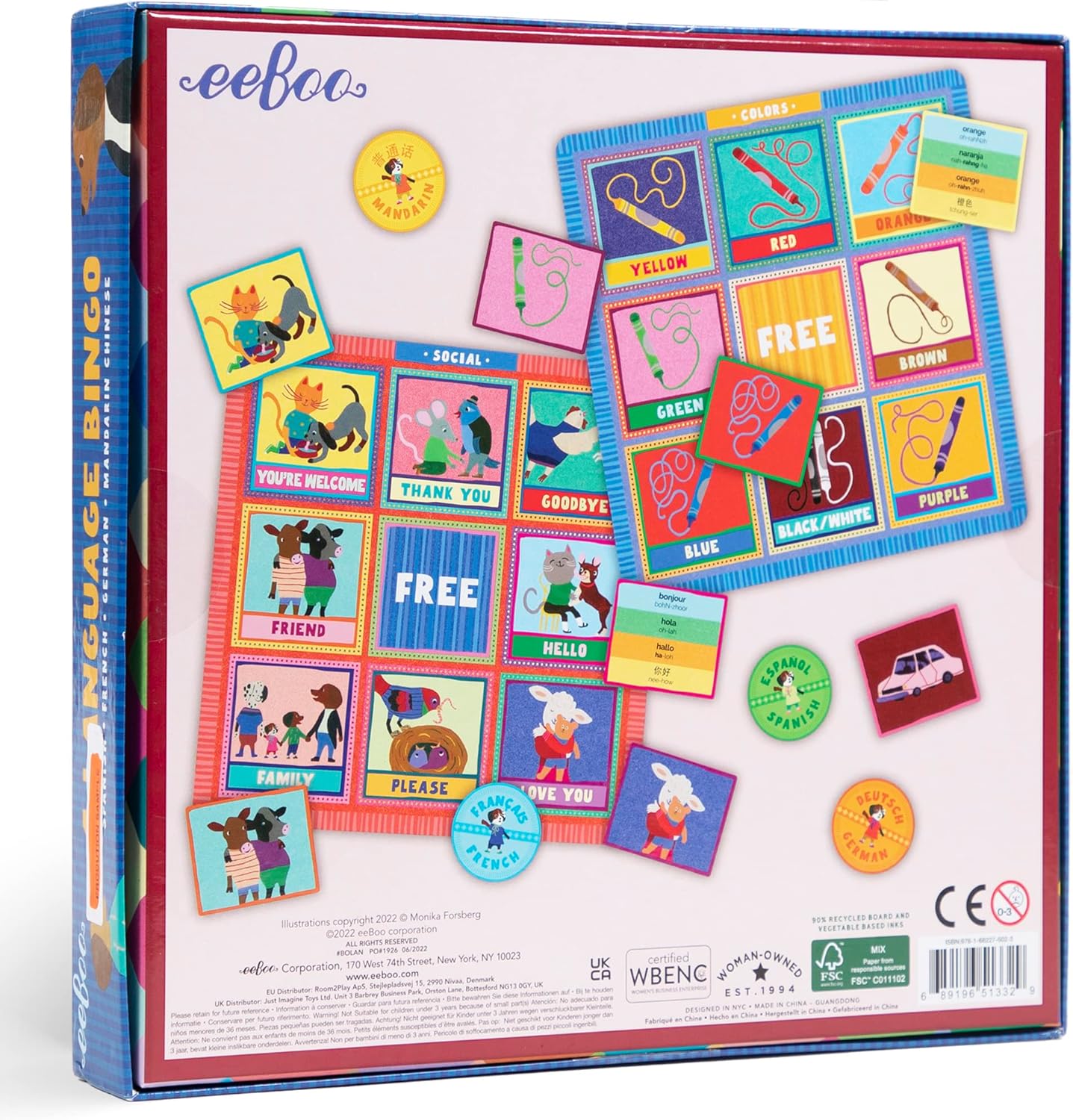 eeBoo: 4 Language Bingo Game for Kids Ages 5+, Spanish French German Mandarin Chinese Learning Game That Builds Vocabulary & Communication