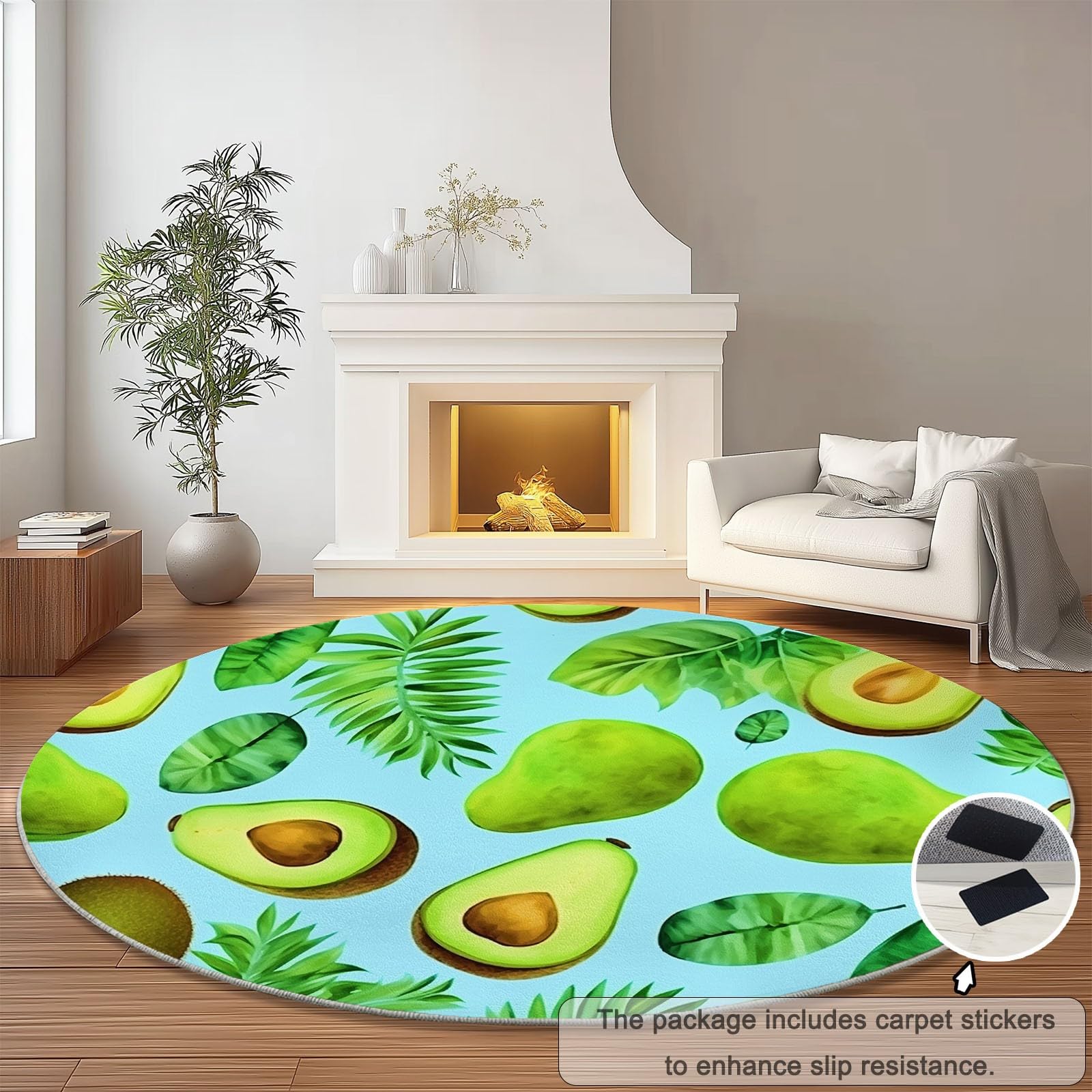 Zmywalny okrągły dywan, antypoślizgowy, 200 cm, okrągły dywan, krótkie włosie, do sypialni, miękki, ze sztucznej wełny, do pokoju dziecięcego, jadalni, zielony, awokado, aligator, gruszka