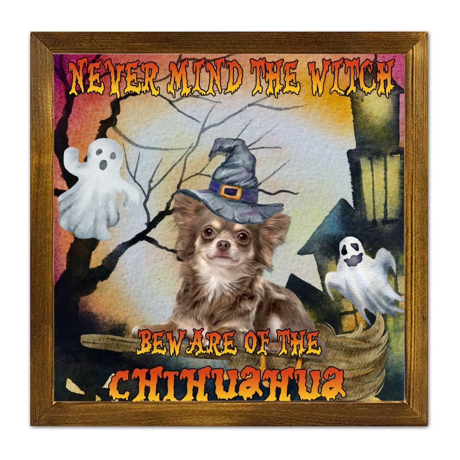 Panneau suspendu en bois chic Chihuahua sorcière d'Halloween