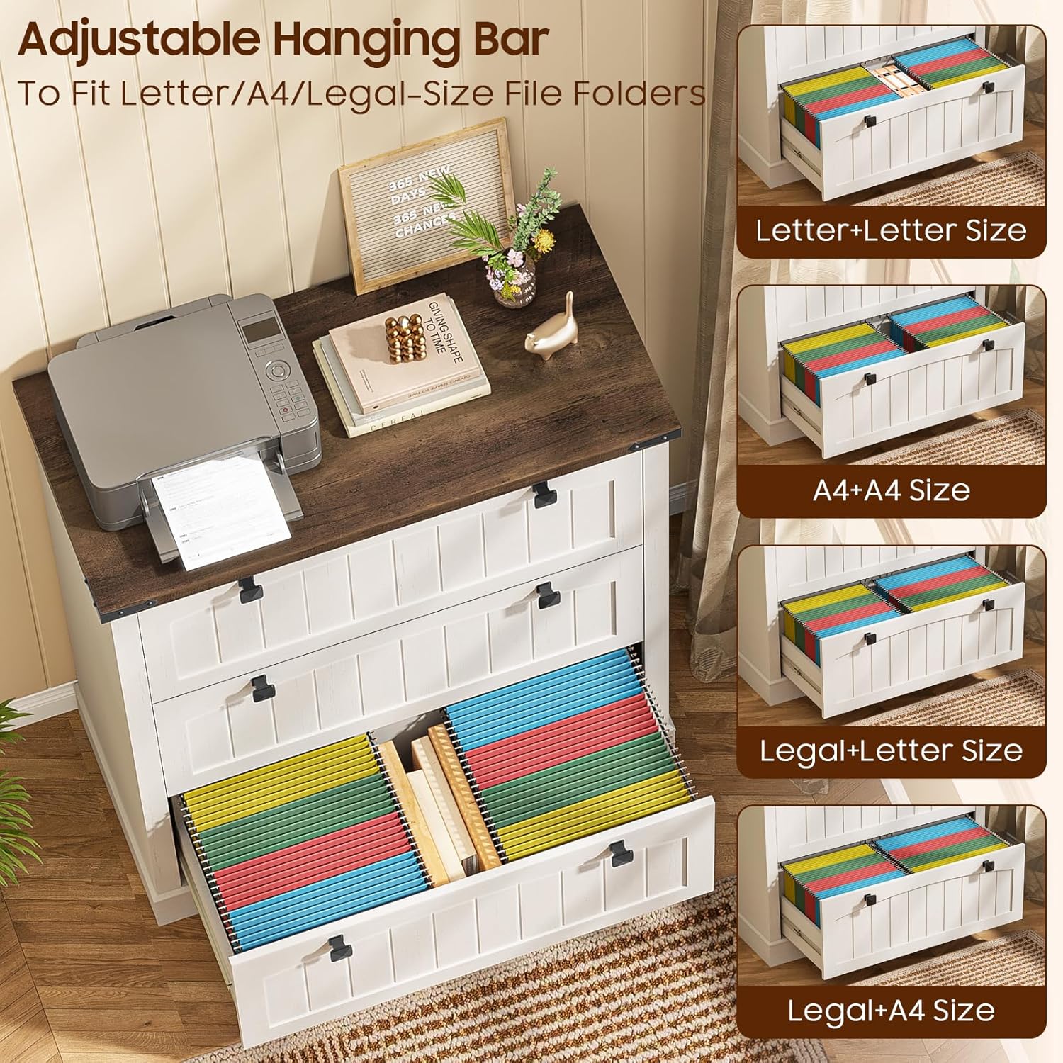 Lateral File Cabinet with 3 Drawers, Farmhouse File Cabinet for Letter/a4/Legal Size Hanging Files, Large Wood File Storage Cabinets Printer Stand for Home Office Cabinets, Rustic White and Brown
