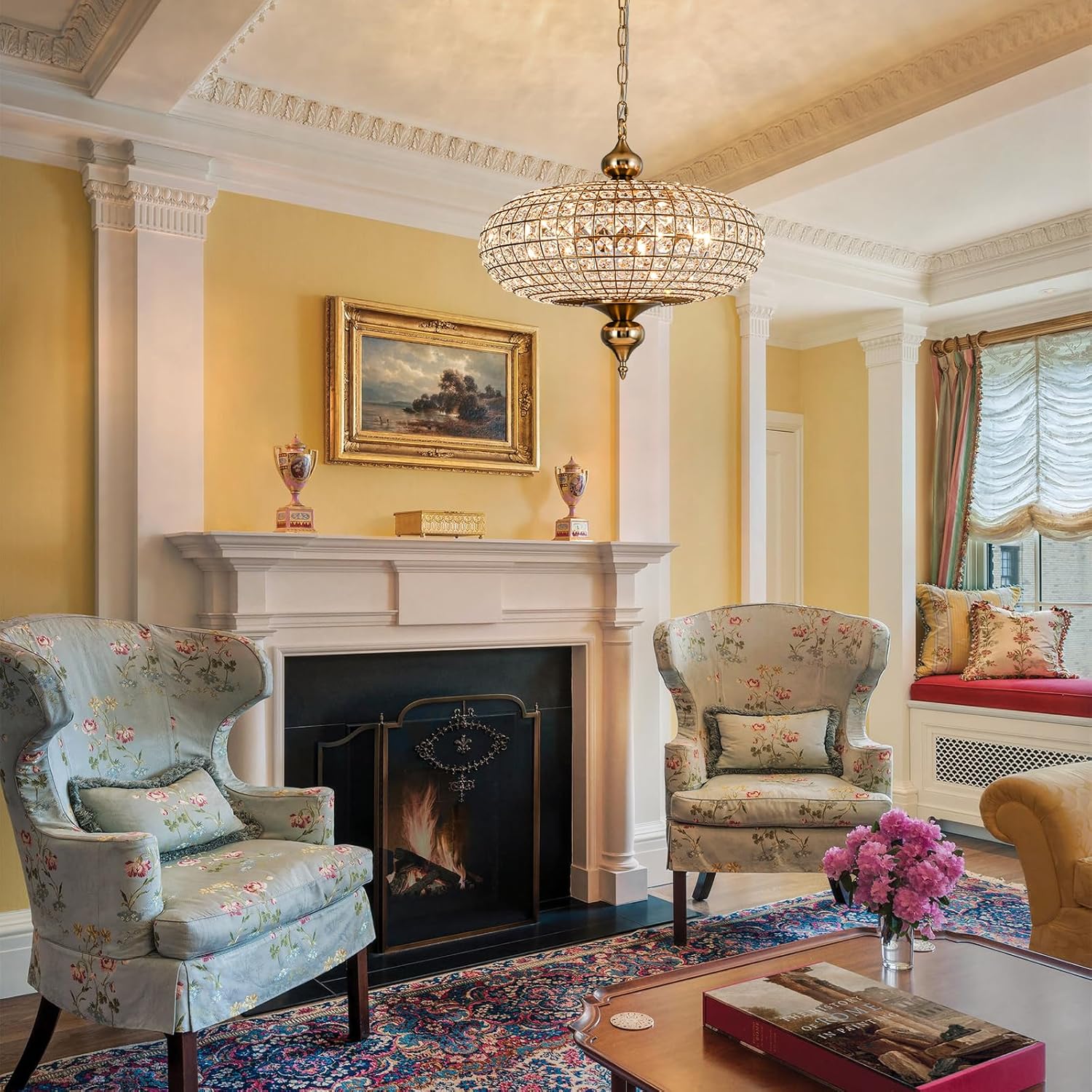 20.5" Antique Brass Crystal Chandelier, Large Farmhouse Dining Room Light Fixture, 5-Light Vintage Crystal Hanging Chandelier for High Ceiling Living Room Kitchen Island