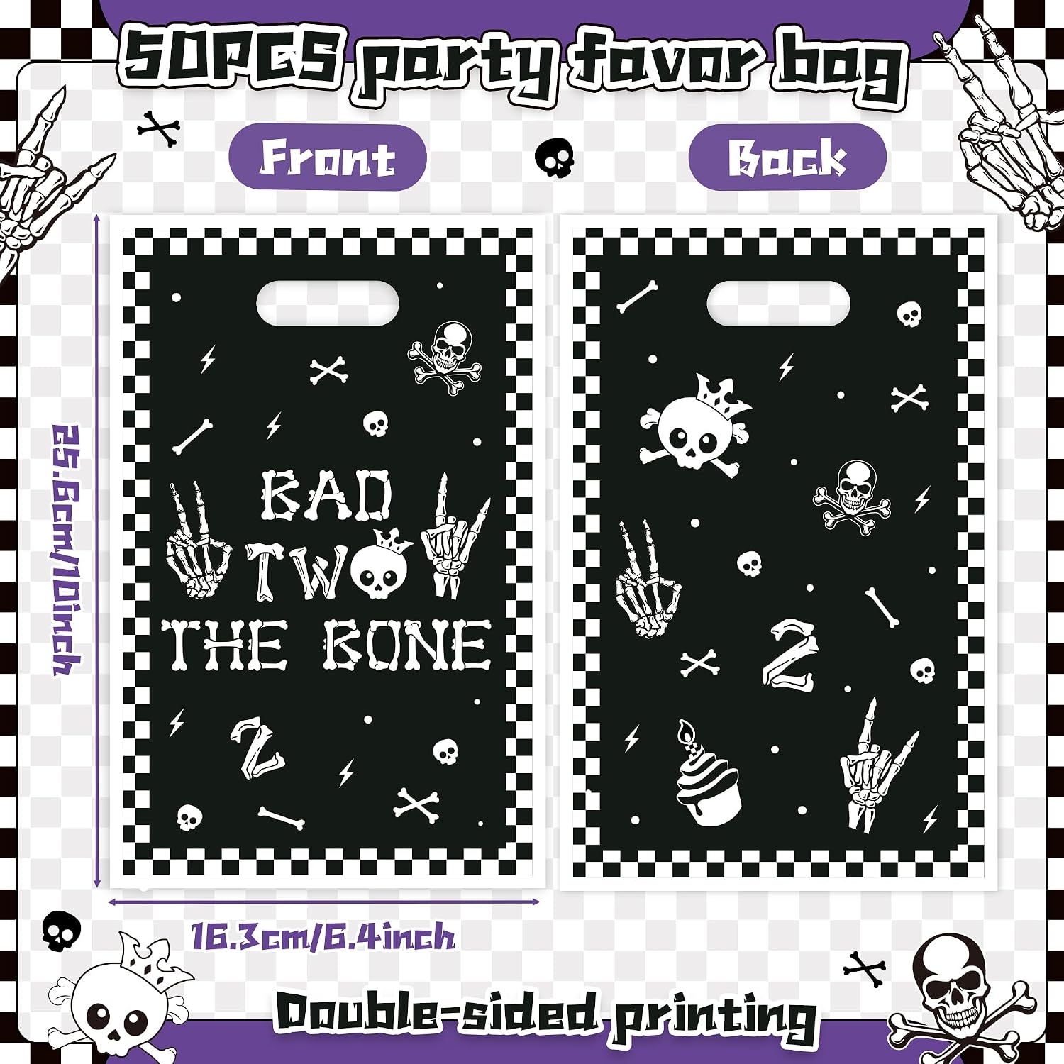 K1tpde 50PCS Black Bad Two The Bone Party Favor Bags, Music Plastic Goodie Gift Bag Bulk with Handle for Kid, Rock and Roll 2nd Birthday Decoration for Girl, Bad To The Skeleton Party Supply