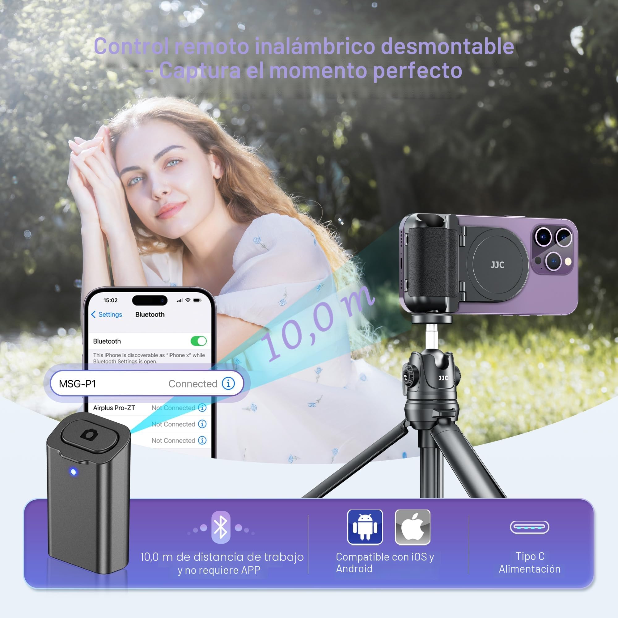 JJC Magsafe - Mango magnético para teléfono móvil con mando a distancia Bluetooth para iPhone Air 17, 16, 15, 14, 13 y Android, soporte de mesa y adaptador de trípode, color negro
