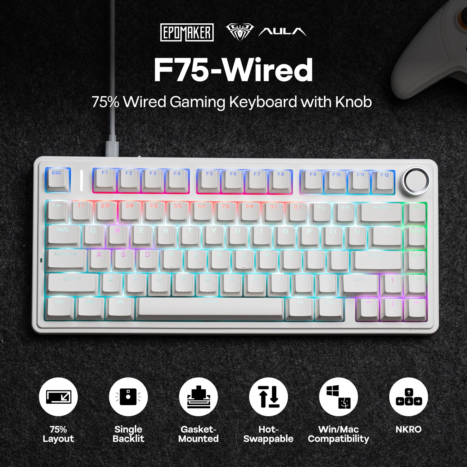 Amazon.com: EPOMAKER Aula F75-Wired 75% Gaming Keyboard with Knob