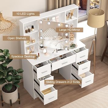 Vanity Desk with Mirror Lights, Makeup Desk with 7 Drawers and Cabinet, 3 Lighting Modes, White Vanity Set with Chair Stool for Bedroom