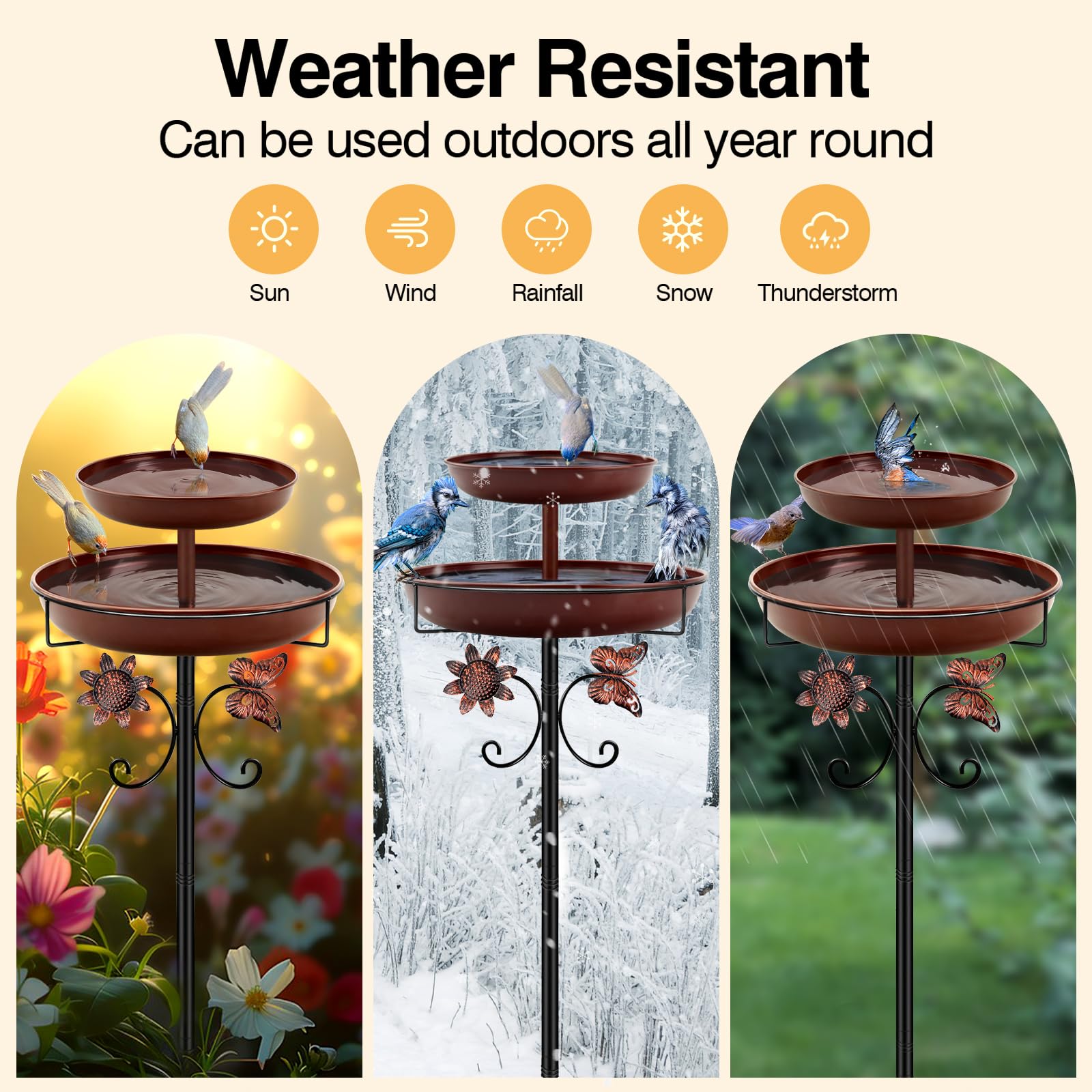 Mngren Bebedero para pájaros de pie, baño para pájaros para exterior, jardín, 2 en 1, de metal, bebedero para pájaros, bebedero para pájaros antiguo, resistente al invierno, cuenco de agua (marrón)