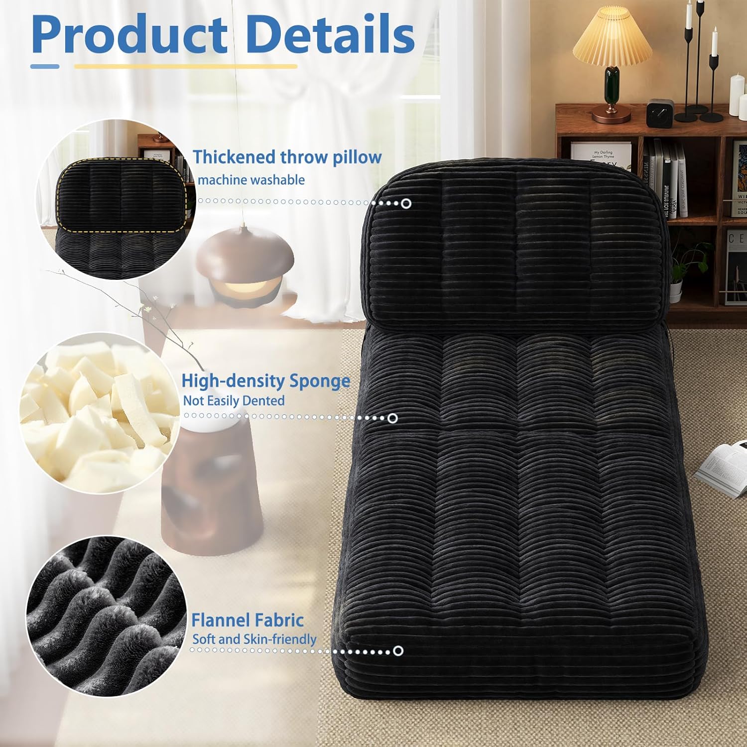 Folding Sofa Bed, Foldable Sleeper Chair with Pillow & Mattress - Portable Floor Lounger with Back Support for Living Room, Bedroom, Office - Convertible Guest Bed (Black)