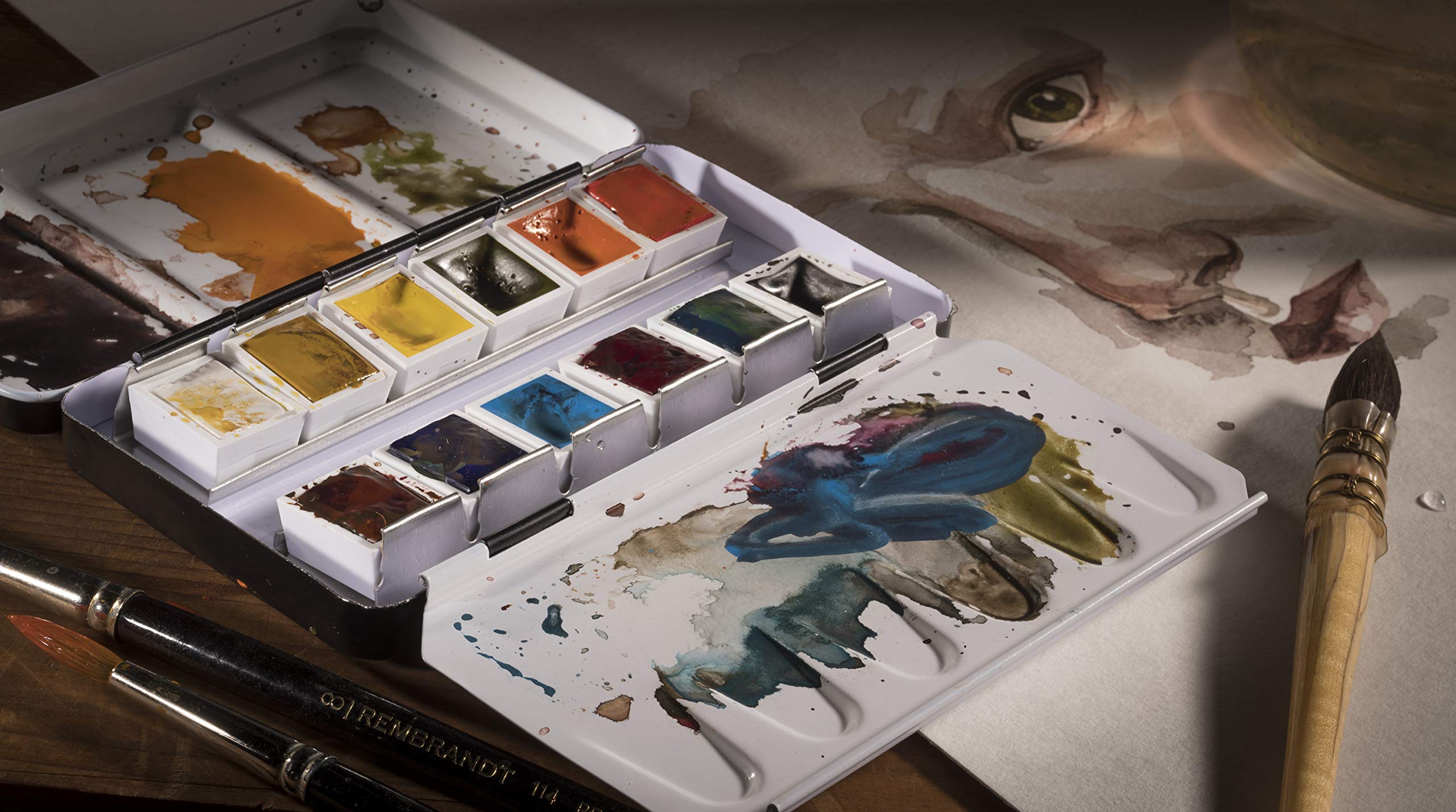 Rembrandt Water Colour Box extra feine Aquarellfarbe Portrait Selection, Metallkasten mit 12 Näpfchen inkl. Pinsel für Portraits optimiert