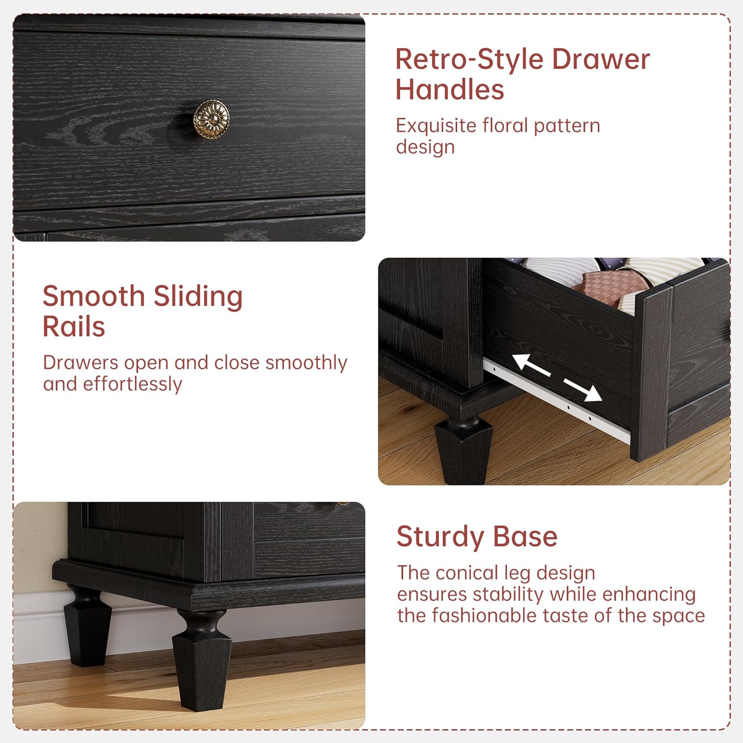 Garvee 47" Tall Dresser for Bedroom, Vintage 6 Drawer Dresser with Carved Handles and Tapered Legs Design, Wood Chests of Drawers with Large Capacity Storage, Black