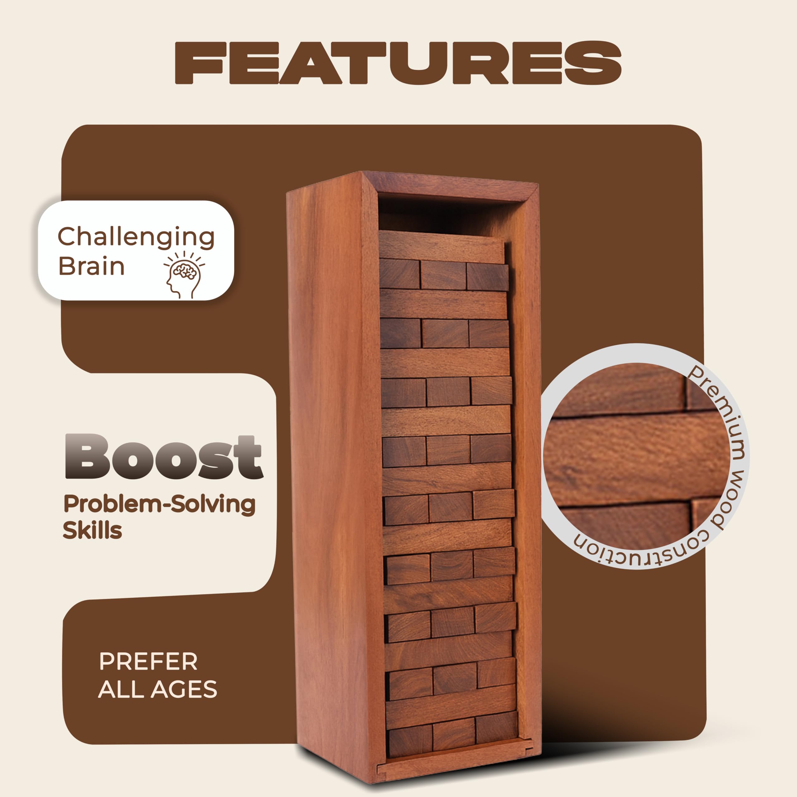 Ajuny Wooden Tumbling Tower Game Classic Strategy Stacking Blocks for Kids, Adults & Family Ideal Parties Game for Camping, Travel Game Night, Outdoor Fun Games 54 Block - 11.5 Inch - Image 4