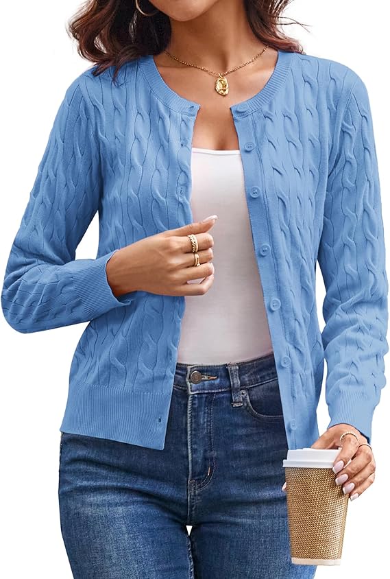 GRACE KARIN Womens Long Sleeve Button Up Cable Knit Cardigan Lightweight 2026 Crewneck Button Down Sweaters for Women