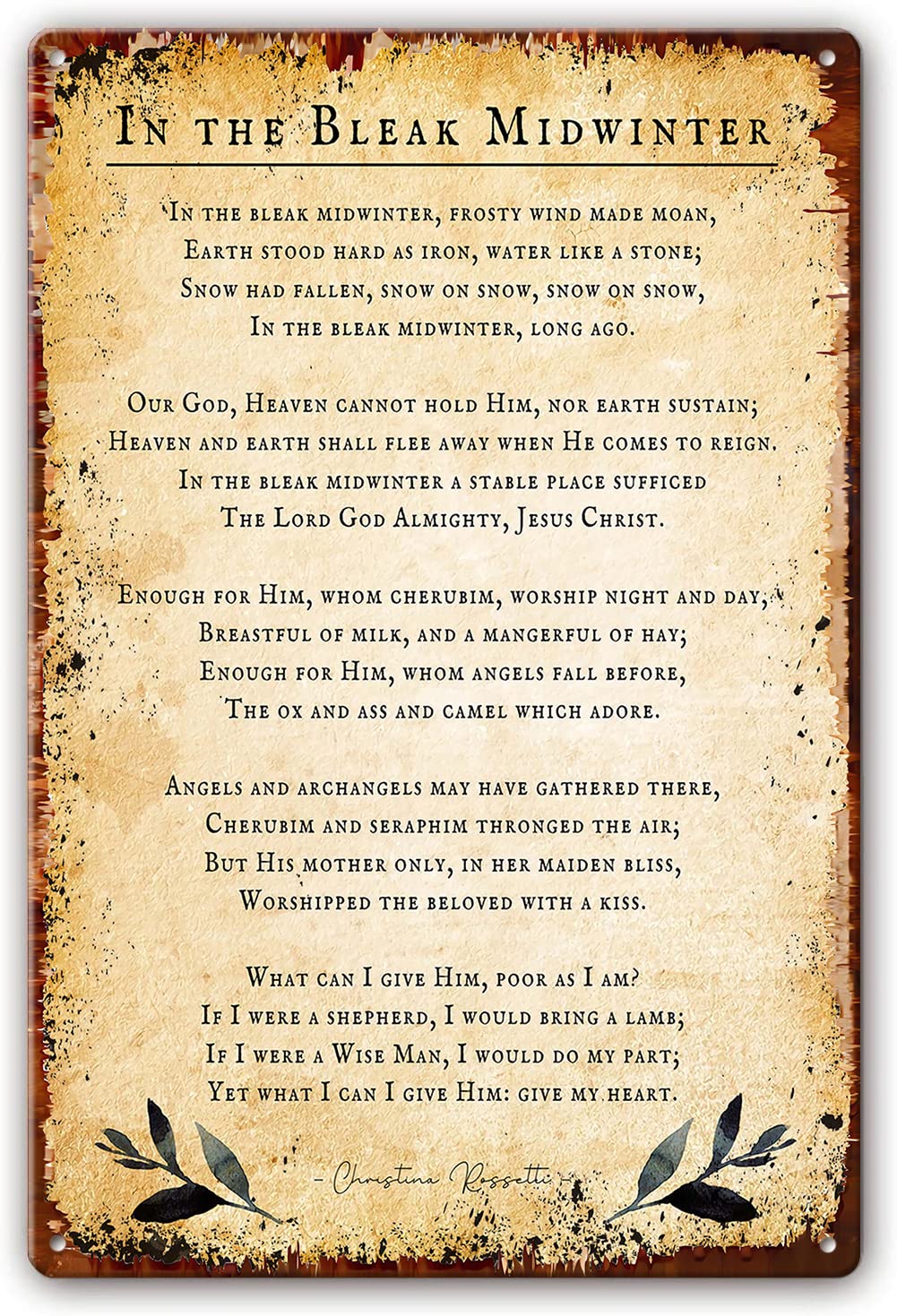 Metal Tin Sign in The Bleak Midwinter Poem Wall Art Christina Rossetti Poetry Poster Pictures for Living Room Wall Prints Painting Decoration for Bedroom Metal Plaque 8x12 Inch