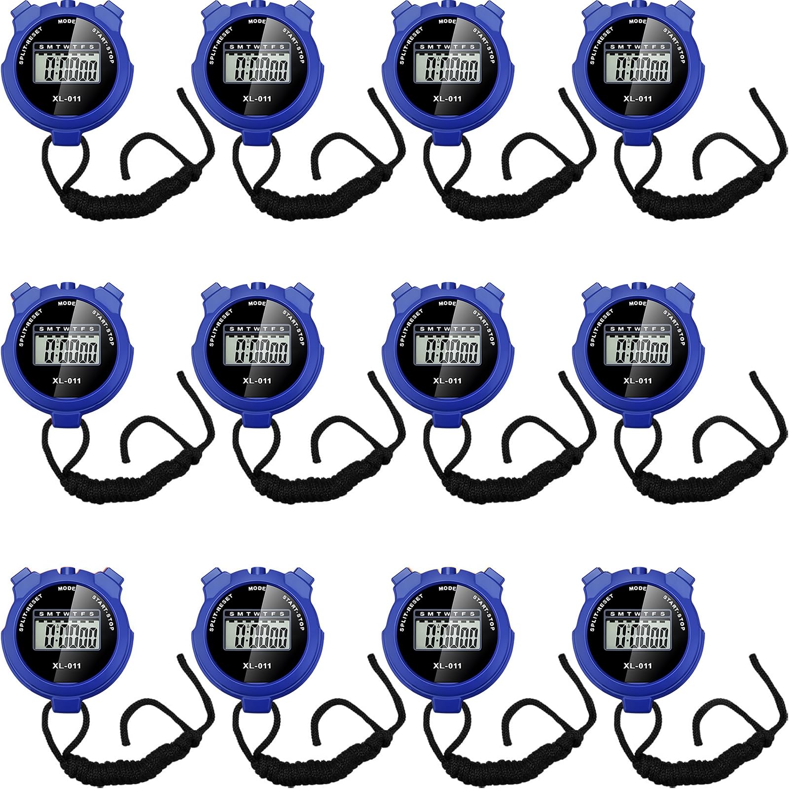 TOODOO 12 Pack Multi Function Digital Stopwatch Timer Bulk Sports Stopwatch with Lanyard Plastic Display Waterproof Date Time Alarm Timer for Coaches Fitness Referees