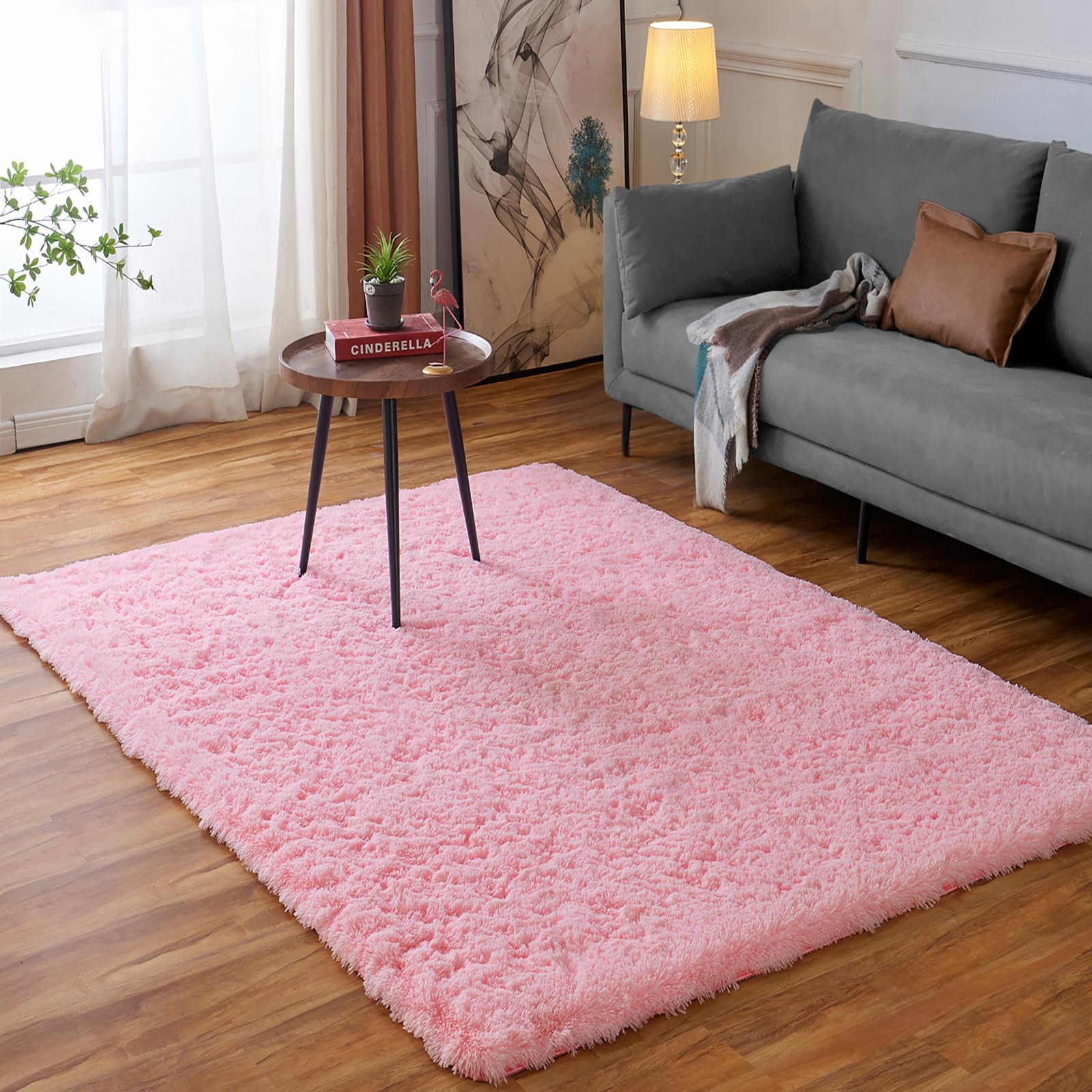Ceneco Pink Rug,Small Rugs for Bedroom,Fluffy Rugs Living Room,Washable Non-Slip Square Carpet,Shaggy Thick Bedside Carpet for Girls Bedroom(Pink