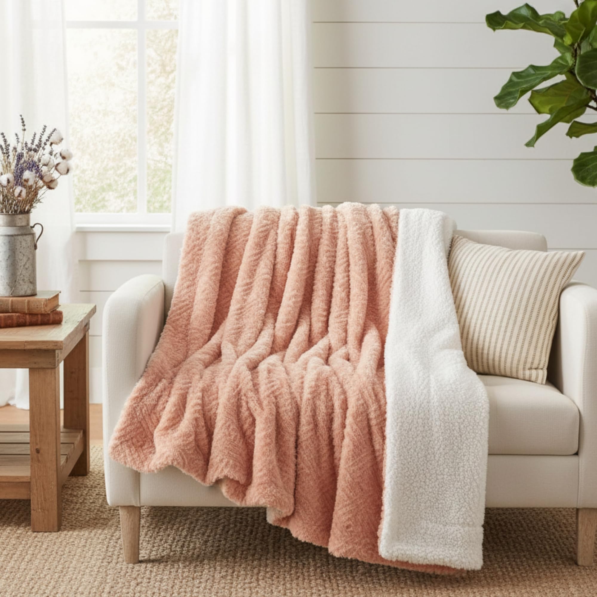 DaDa Bedding Coral Pastel Peach Rose Faux Fur Throw Blanket - Dreamy Geometric Embossed Sherpa Backside - Super Soft Warm Cozy Plush Fluffy - 50" x 60
