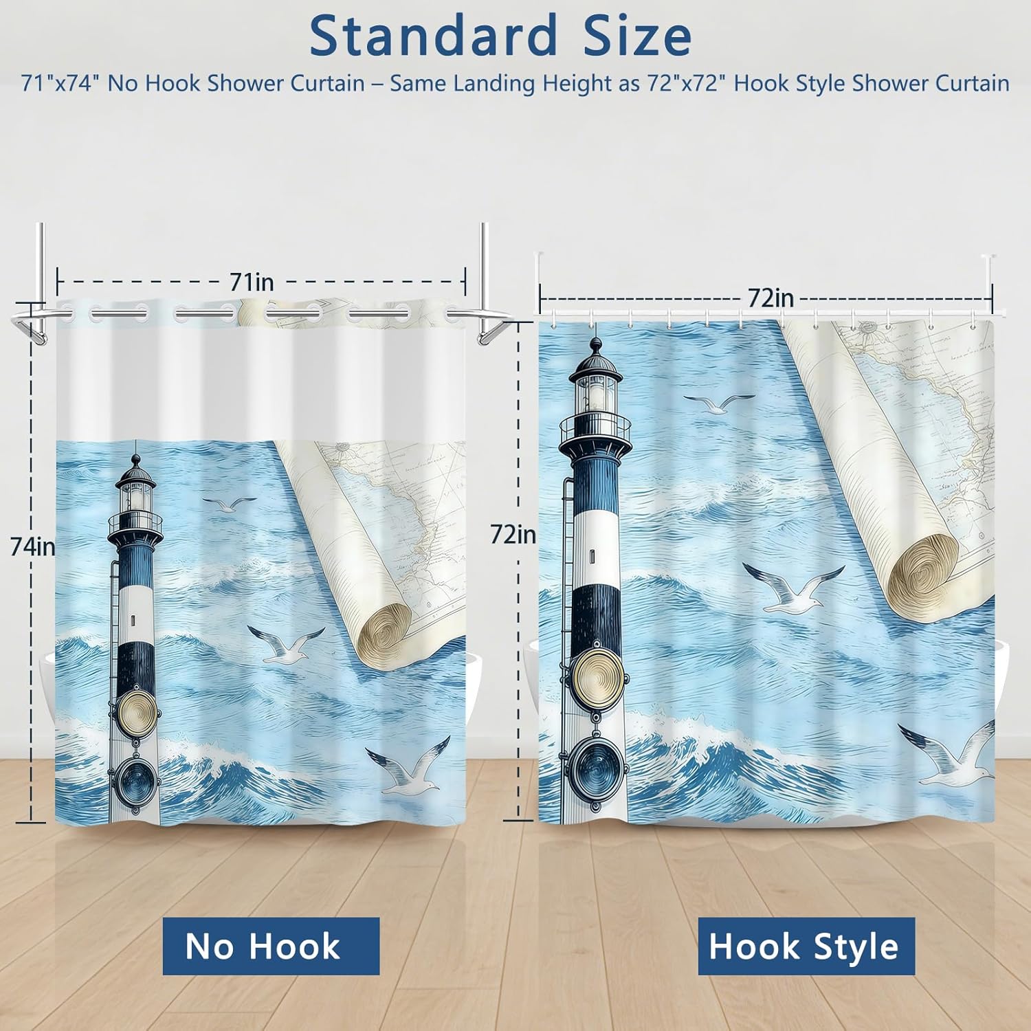 No Hook Shower Curtain with Snap in Liner Set, Nautical Lighthouse & Map Waterproof Shower Curtains for Bathroom Decor, Washable Fabric Shower Curtains with Sheer Top Window and Built-in Weighted Hem