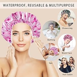 4 PCS Shower Caps for Women, Printing Bath Caps, Double Layers Shower Cap Reusable Waterproof, Bathing Shower Caps, Environmental Protection Hair Bath Hat - Flower B