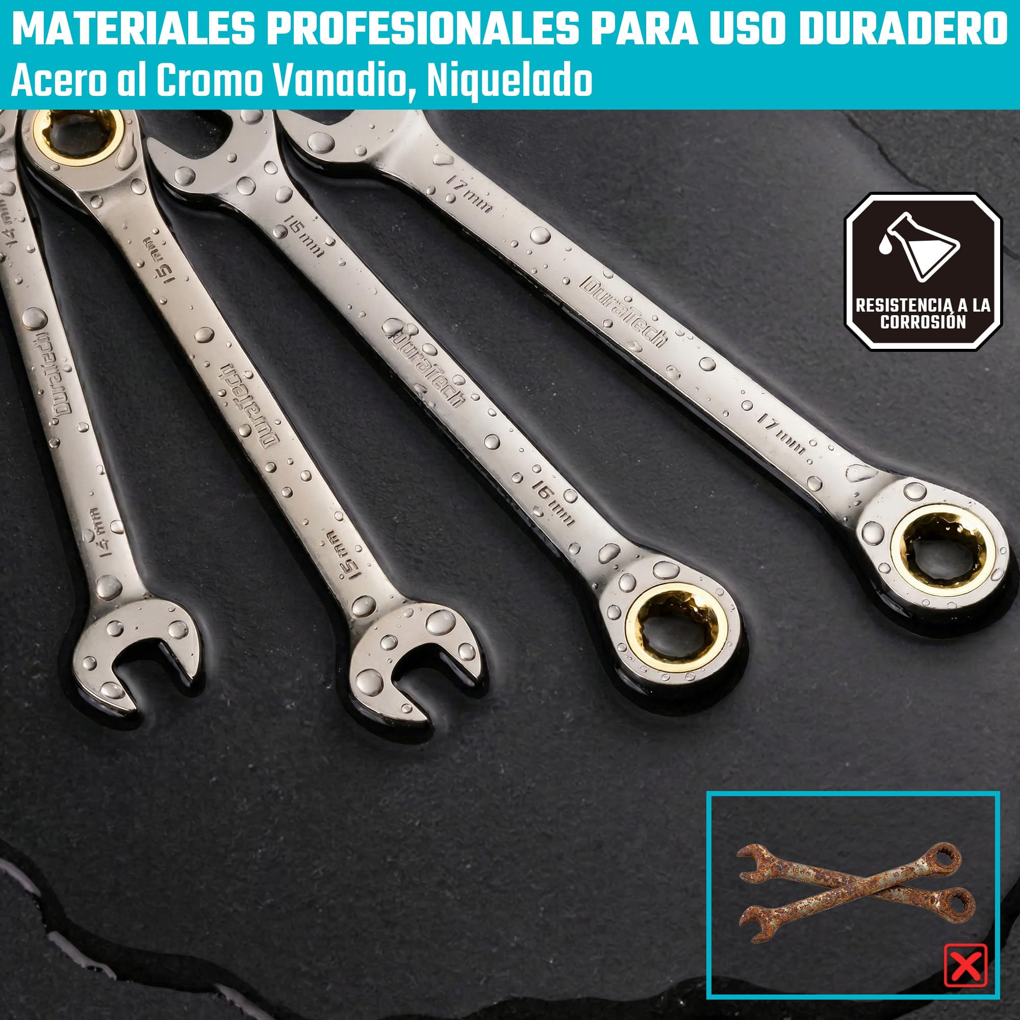 Duratech Juego de 10 llaves mixtas con trinquete antideslizantes, métricas 6-18 mm, 72 dientes, niqueladas, acero CR-V, con funda