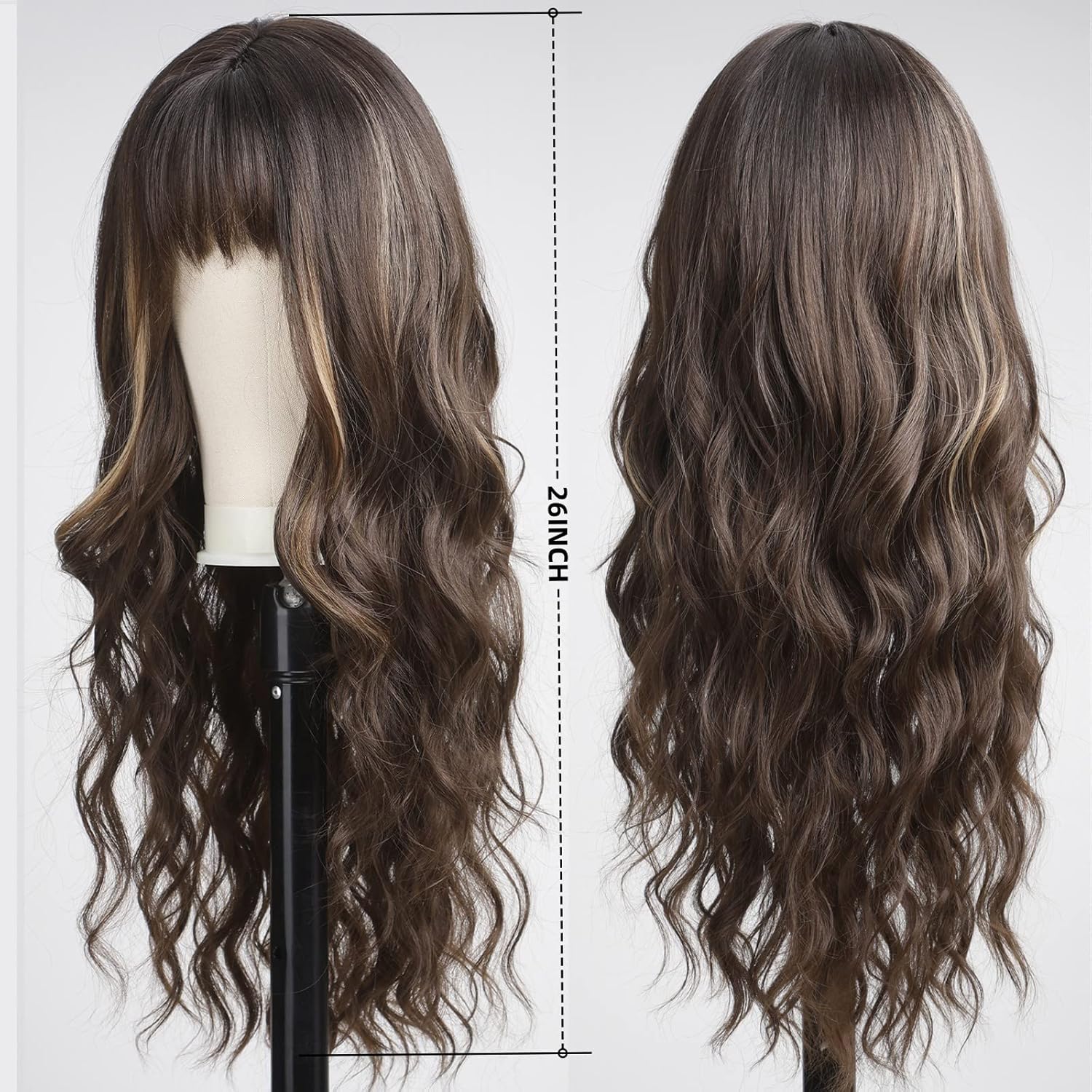 KOME Dark Brown Wigs with Bangs,Brown Highlight Long Wavy Wig for Women,Long Curly Synthetic Hair Wig for Party Daily Use 24IN