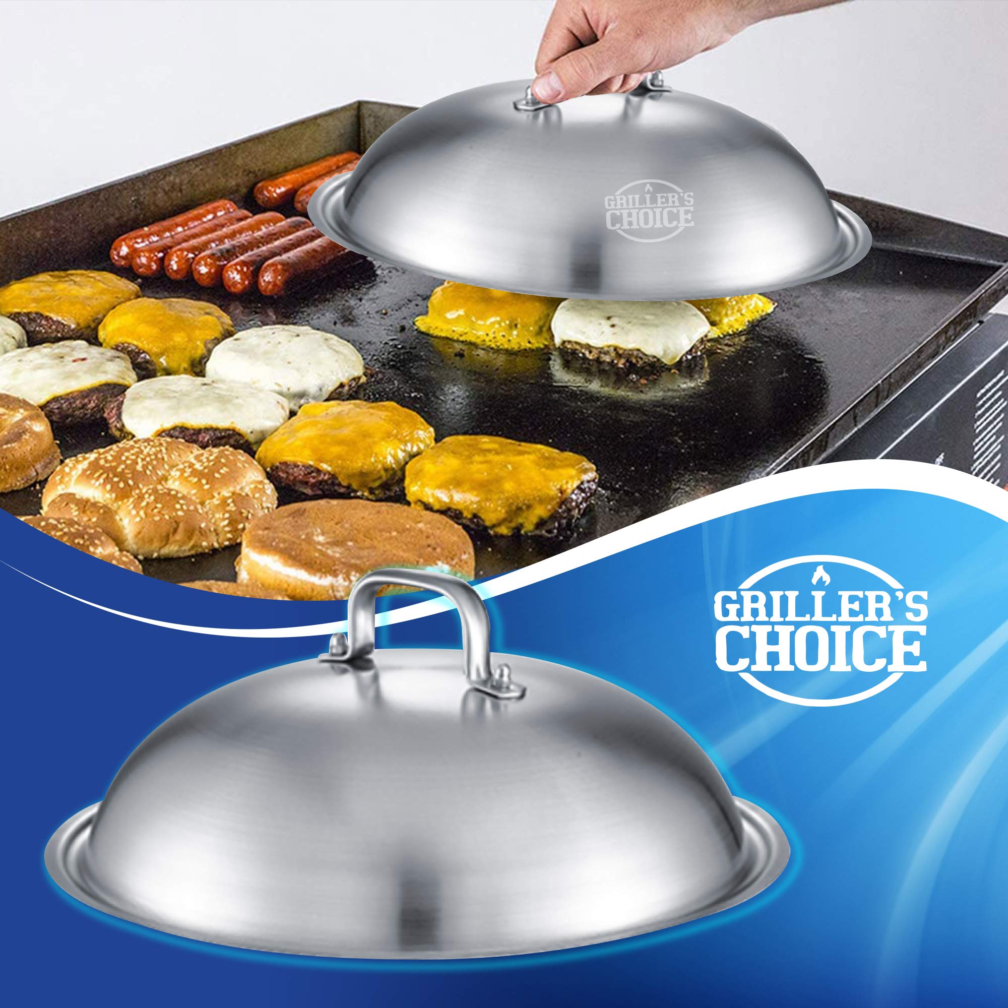 Grillers Choice Akcesoria do grilla, płaskie akcesoria do grillowania. Jakość handlowa żeliwna prasa do grilla i kopuła do topienia. Kopuła do grilla do gotowania i prasowania do sera.